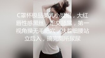 C罩杯极品美乳小姐姐，大红唇性感黑丝，足交舔屌，第一视角操无毛肥穴，扶着细腰站立后入，搞完厕所尿尿